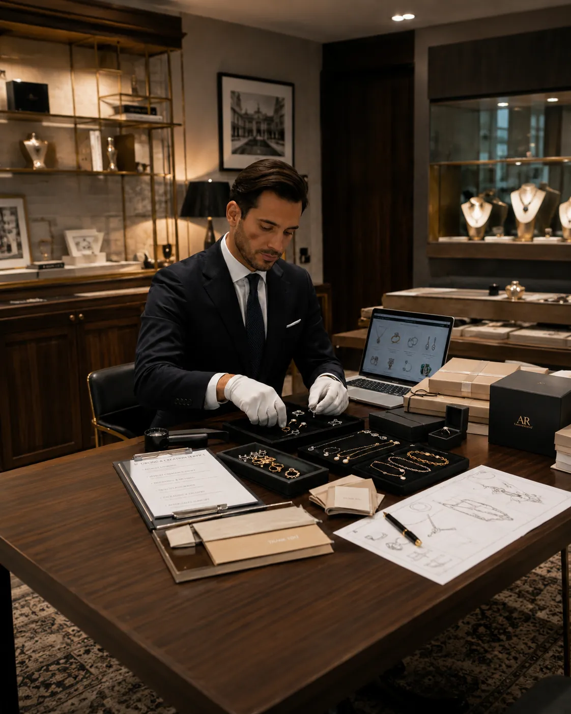 Professional jewelry sourcing, curation, packaging and after-sales support workspace