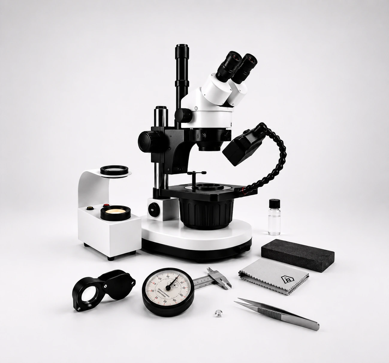 Professional gemological microscope, loupe, caliper gauge and tweezers