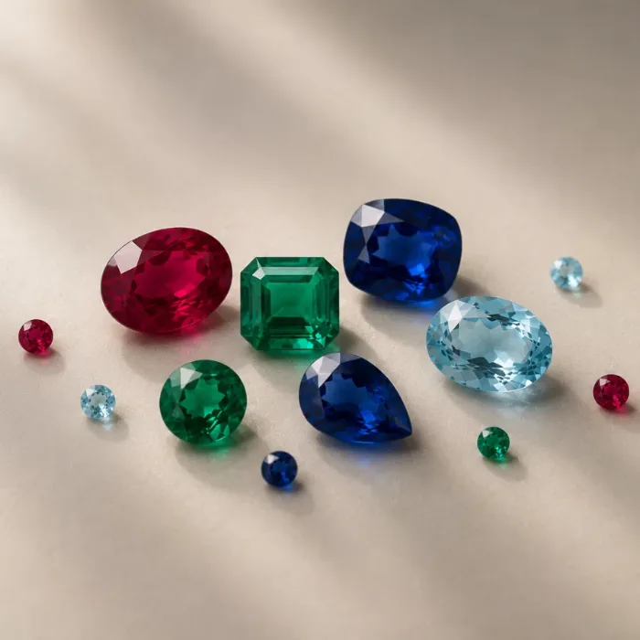 Coloured gemstones: ruby, emerald, sapphire and aquamarine